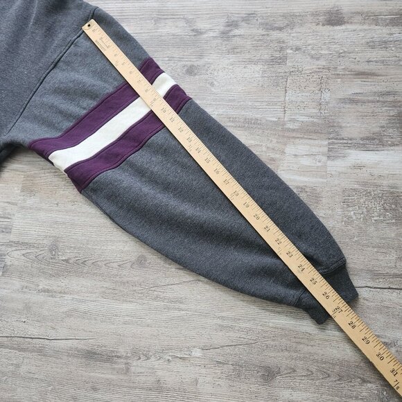 Champion Gray V-Neck Thick Sweatshirt Purple Sleeve Stripes Size XL Vintage 90s - Picture 8 of 14
